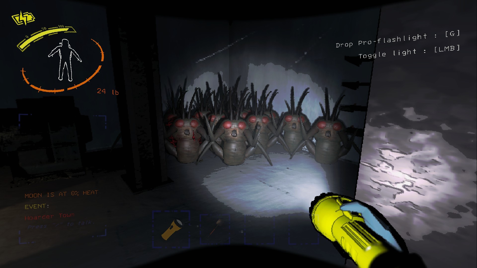 A screenshot in Lethal Company of a torch barely lightng a Lot of hoarding bugs