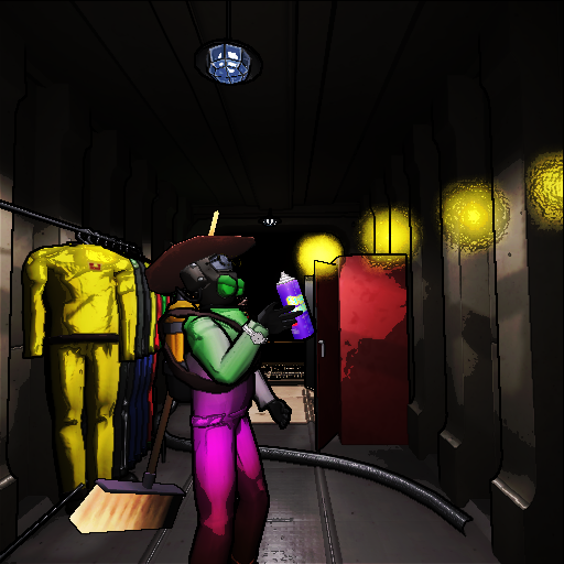 Picture of character in Lethal company in gradient suit, a hat and holding spray paint
